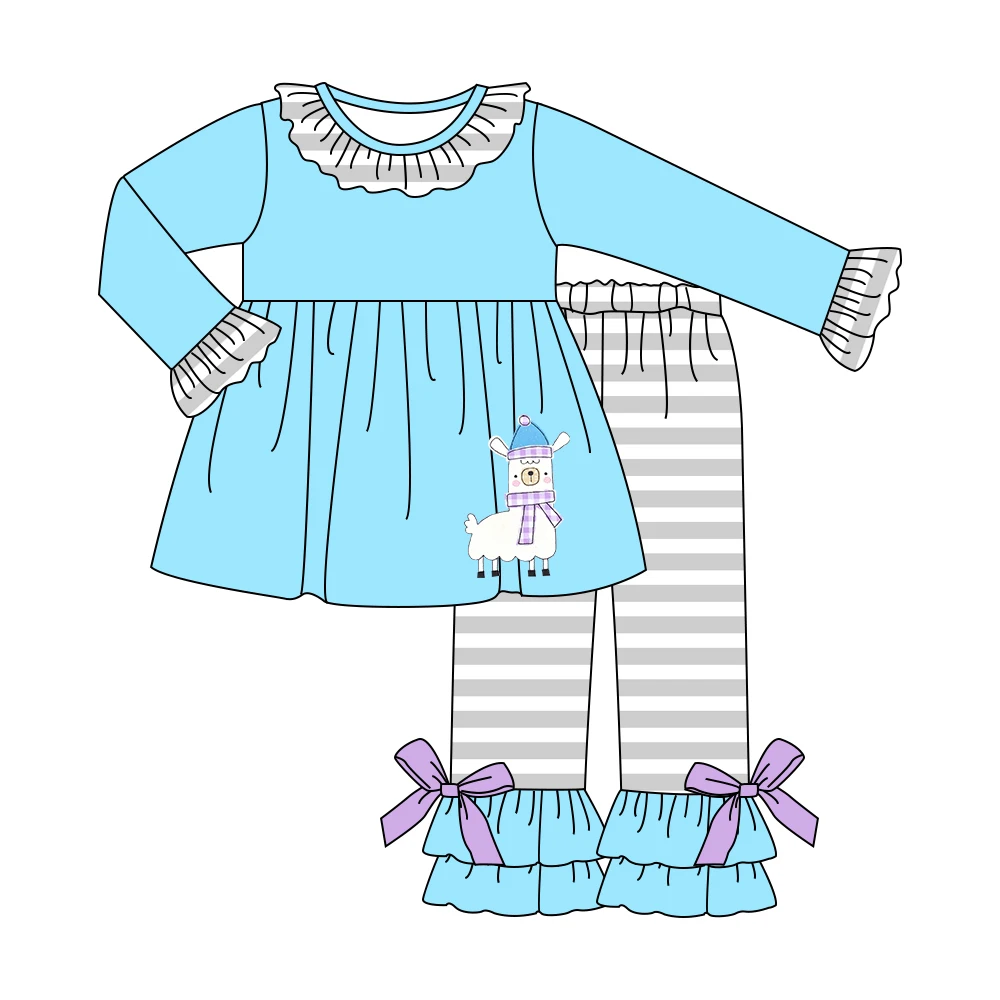 Autumn Girls Clothes Blue Long Sleeve Top And Grey Striped Trousers Blue Hat Purple Scarf Camel Embroidery Pattern Girl Outfits
Autumn Girls Clothes Blue Long Sleeve Top And Grey Striped Trousers Blue Hat Purple Scarf Camel Embroidery Pattern Girl Outfits