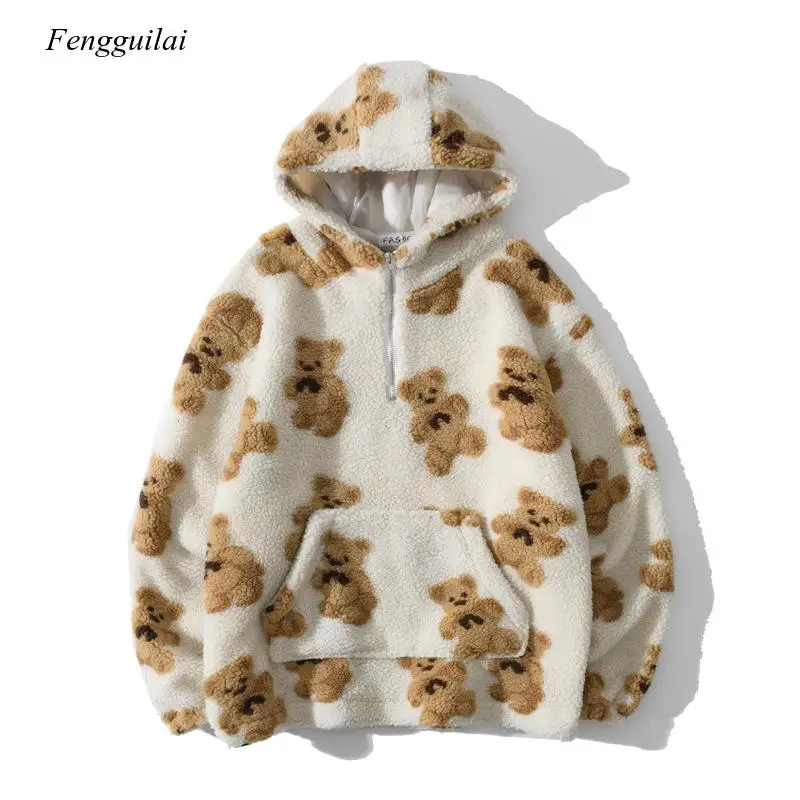 Lambswool Jacket Women Bear Print Half Zipper Coats Hooded Couple Coat Outwear Unisex Pullover
Lambswool Jacket Women Bear Print Half Zipper Coats Hooded Couple Coat Outwear Unisex Pullover