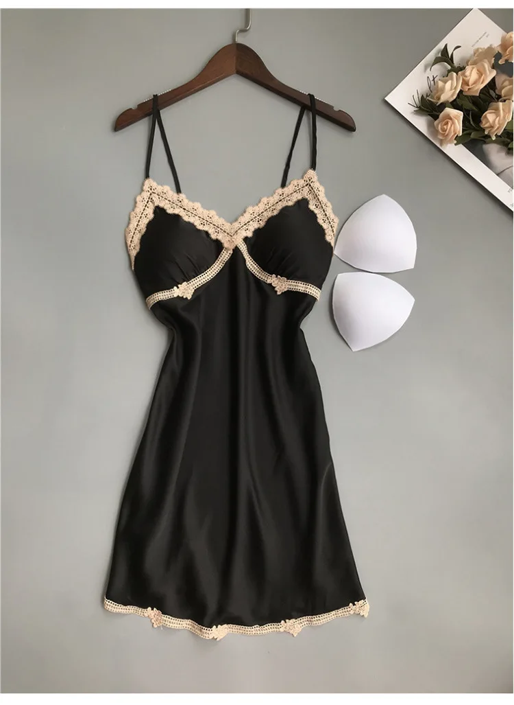 Lace Patchwork Female Spaghetti Strap Nightgown Satin Sexy Nightdress Lingerie Kimono Bathrobe Gown Casual Home No chest pad
Lace Patchwork Female Spaghetti Strap Nightgown Satin Sexy Nightdress Lingerie Kimono Bathrobe Gown Casual Home No chest pad