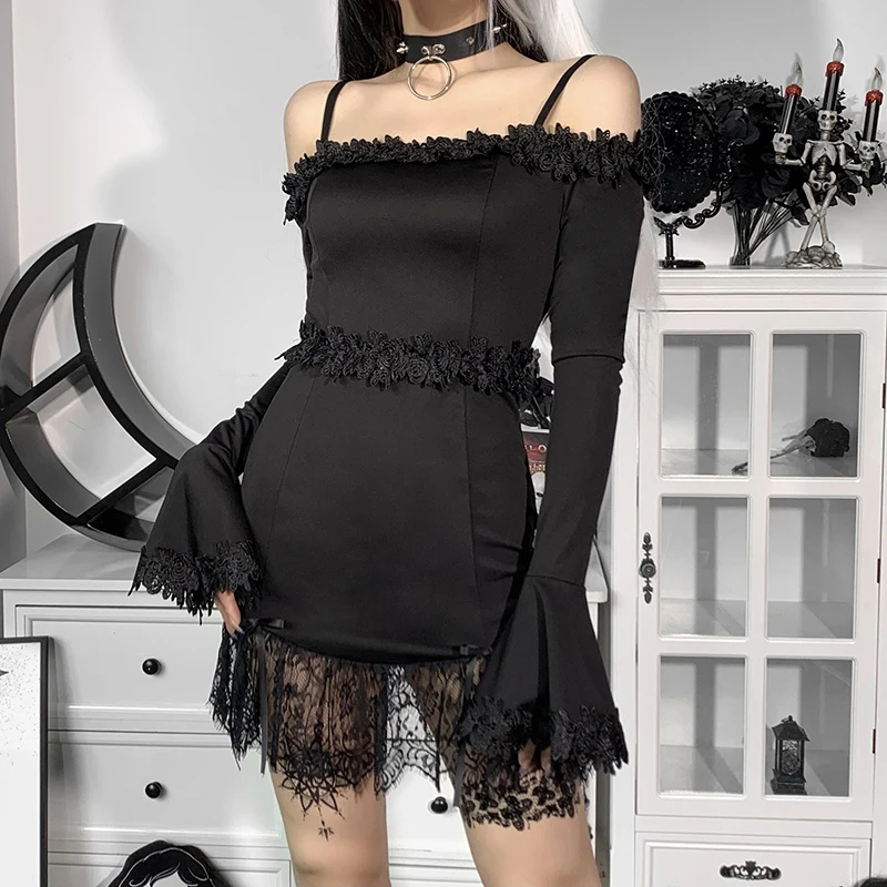 Kayotuas Women Dress Gothic Street Sexy Off-the-Shoulder Lace Trim Sheath Long Flare Sleeve Solid Bodycon Cosplay Party Costume
Kayotuas Women Dress Gothic Street Sexy Off-the-Shoulder Lace Trim Sheath Long Flare Sleeve Solid Bodycon Cosplay Party Costume