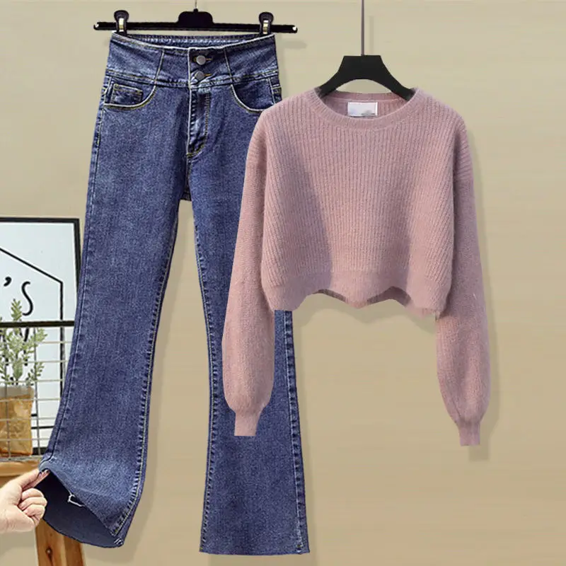 2021 Women Autumn Fashion Two Piece Sets Female Short O-neck Knitted Pullover Tops Ladies Loose Flare Pants Jeans Suits P209 
2021 Women Autumn Fashion Two Piece Sets Female Short O-neck Knitted Pullover Tops Ladies Loose Flare Pants Jeans Suits P209