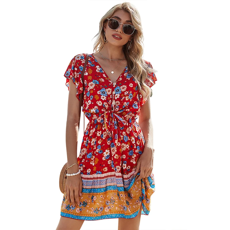 2021 Bohemian Floral Print Short Sleeve V-neck Sexy Dress Summer Casual Holiday High Waist Bandage A-line Mini Dress 
2021 Bohemian Floral Print Short Sleeve V-neck Sexy Dress Summer Casual Holiday High Waist Bandage A-line Mini Dress