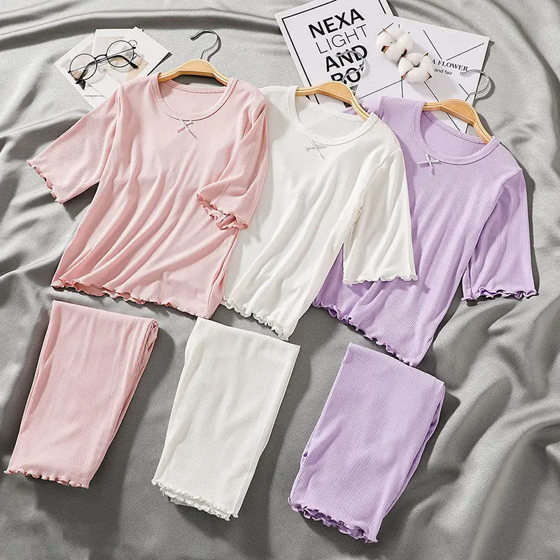 

Summer Girls Ribbed Pajamas Kids Modal Sleepwear Children Pjs Tops + Pants Lounge Set Teenagers Toddler Clothing Homewear