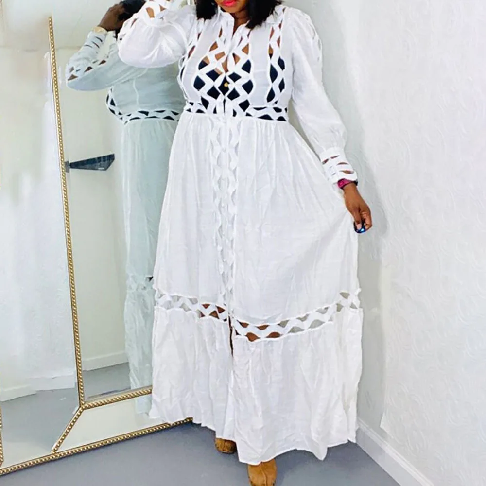 Dress 2021 African New Women's Dress Solid Color Temperament High Waist Sexy Hollow Out Lapel Long Sleeve Europe America Women's
Dress 2021 African New Women's Dress Solid Color Temperament High Waist Sexy Hollow Out Lapel Long Sleeve Europe America Women's