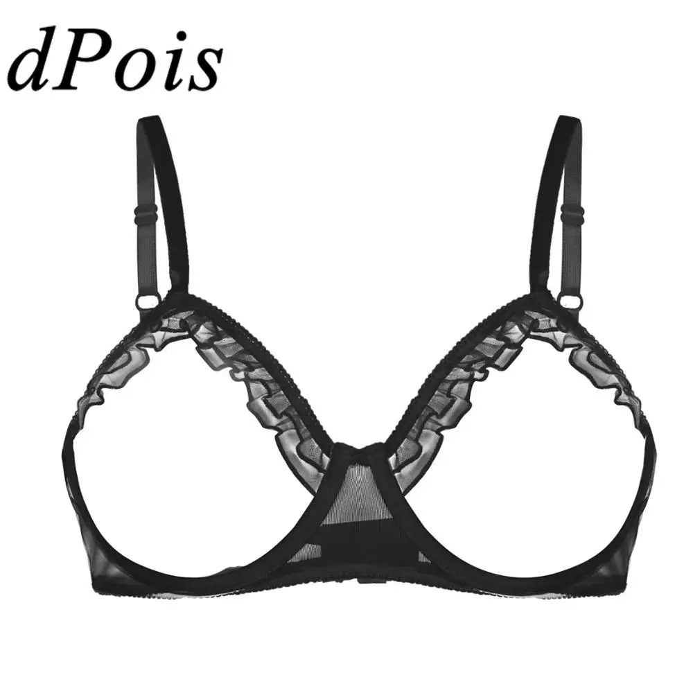

Womens See Through Sheer Mesh Open Cups Bra Sexy Lingerie Braltte Ruffles Spaghetti Straps Bare Breast Underwired Bra Top Femme