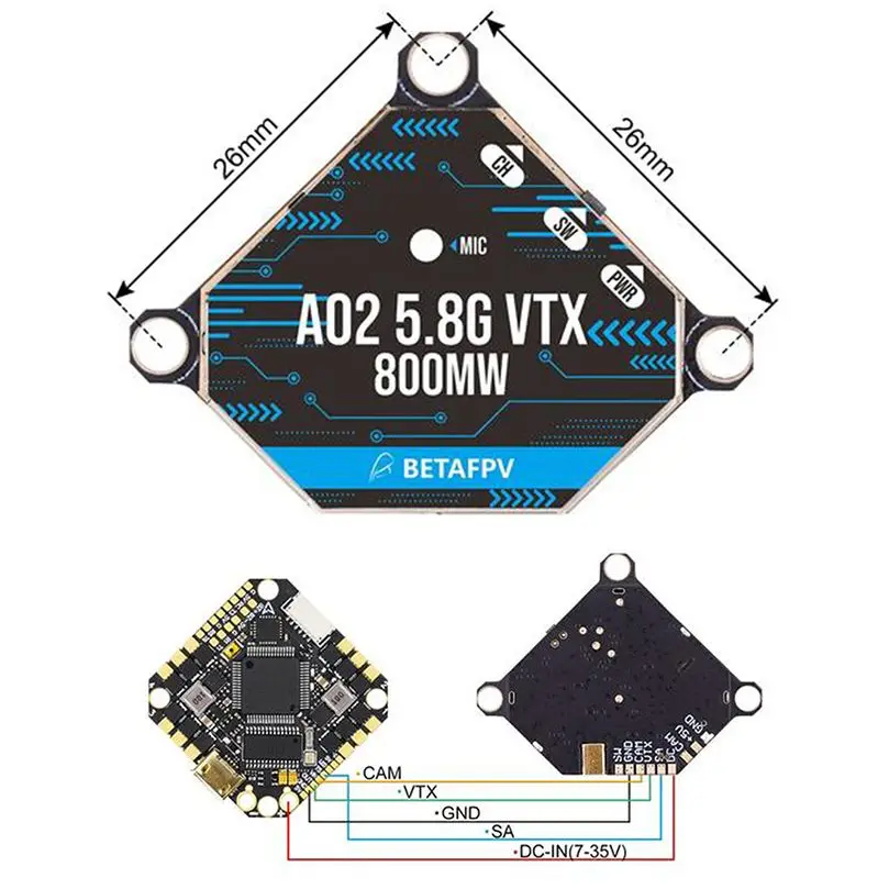 BETAFPV A02 25-800mW 5.8G VTX 5.8GHz 37 channel with Raceband 7-35V Supply voltage range for RC FPV Quadcopter X-Knight Beta85X
BETAFPV A02 25-800mW 5.8G VTX 5.8GHz 37 channel with Raceband 7-35V Supply voltage range for RC FPV Quadcopter X-Knight Beta85X