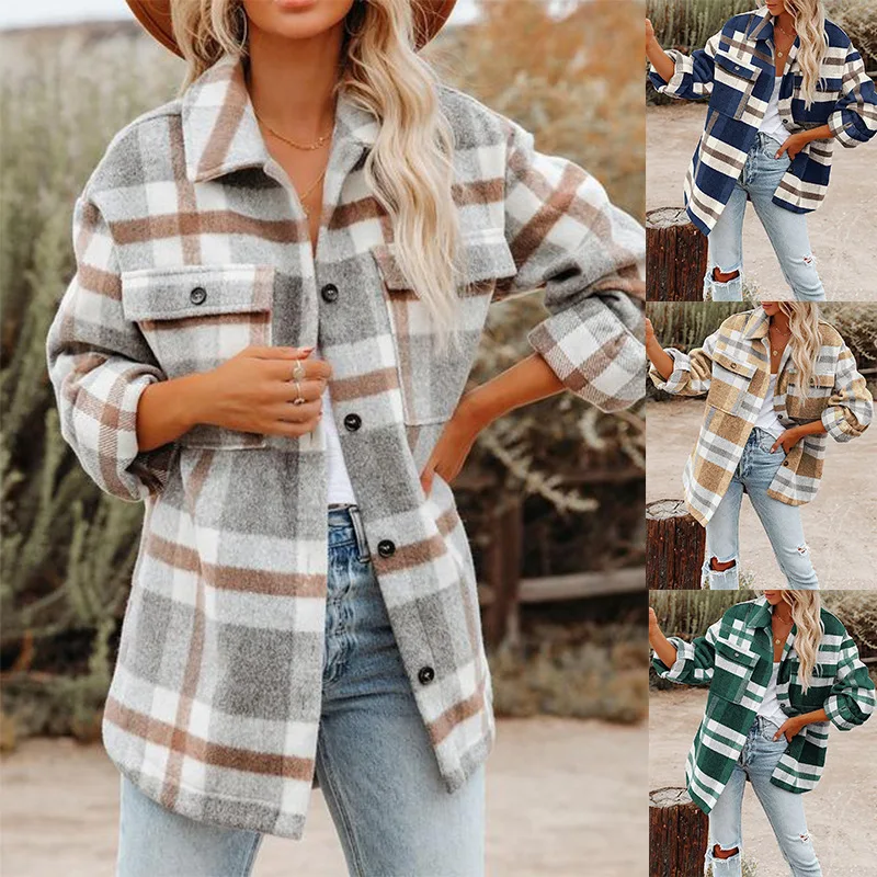 Women’s 2021 fall/winter new plaid button-down flannel coat 
Women’s 2021 fall/winter new plaid button-down flannel coat