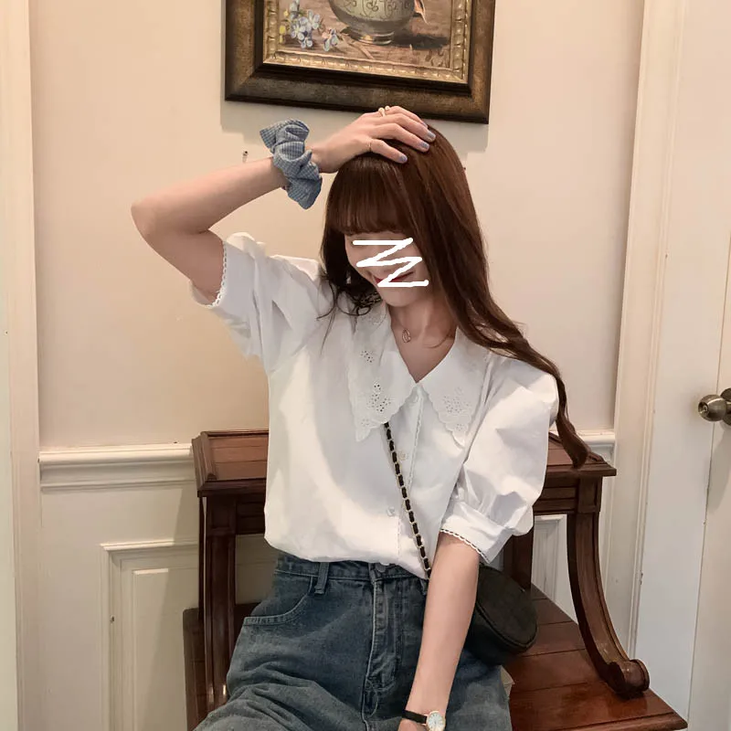 Women Blouses Shirt Solid Summer 2021 New Doll Collar Contrast Puff Sleeve Korean Style Short Female Tops
Women Blouses Shirt Solid Summer 2021 New Doll Collar Contrast Puff Sleeve Korean Style Short Female Tops