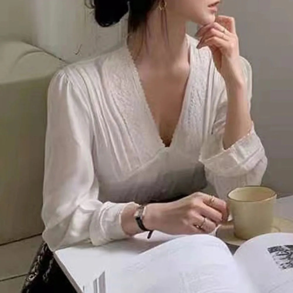 Женская шифоновая блузка с V образным вырезом и длинным рукавом|Блузки| |