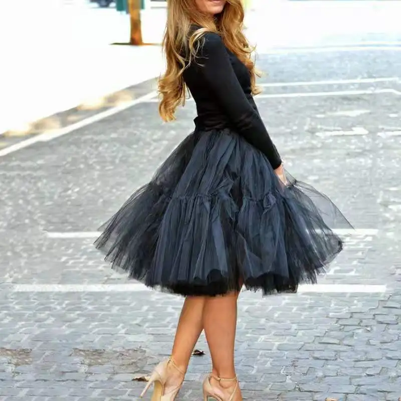 

Black Petticoat Tutu Tulle Skirt 5 Layers 60cm Fashion Midi Pleated Womens Lolita Bridesmaid Wedding faldas Mujer saias jupe