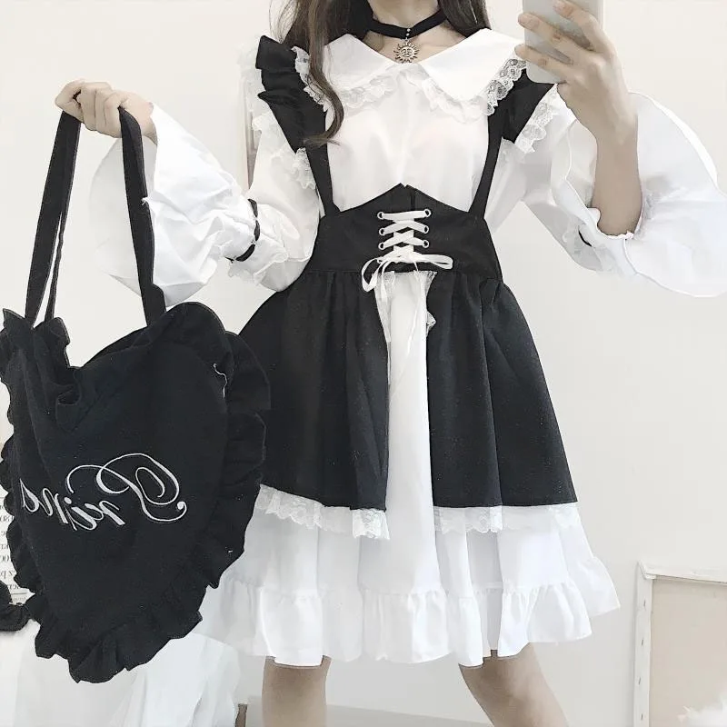 Japanese Black White Gothic Dress Women Vintage Lolitta Maid Cute Dresses Kawaii 2 Piece Sets Soft Girl Dresses Cosplay Costumes
Japanese Black White Gothic Dress Women Vintage Lolitta Maid Cute Dresses Kawaii 2 Piece Sets Soft Girl Dresses Cosplay Costumes