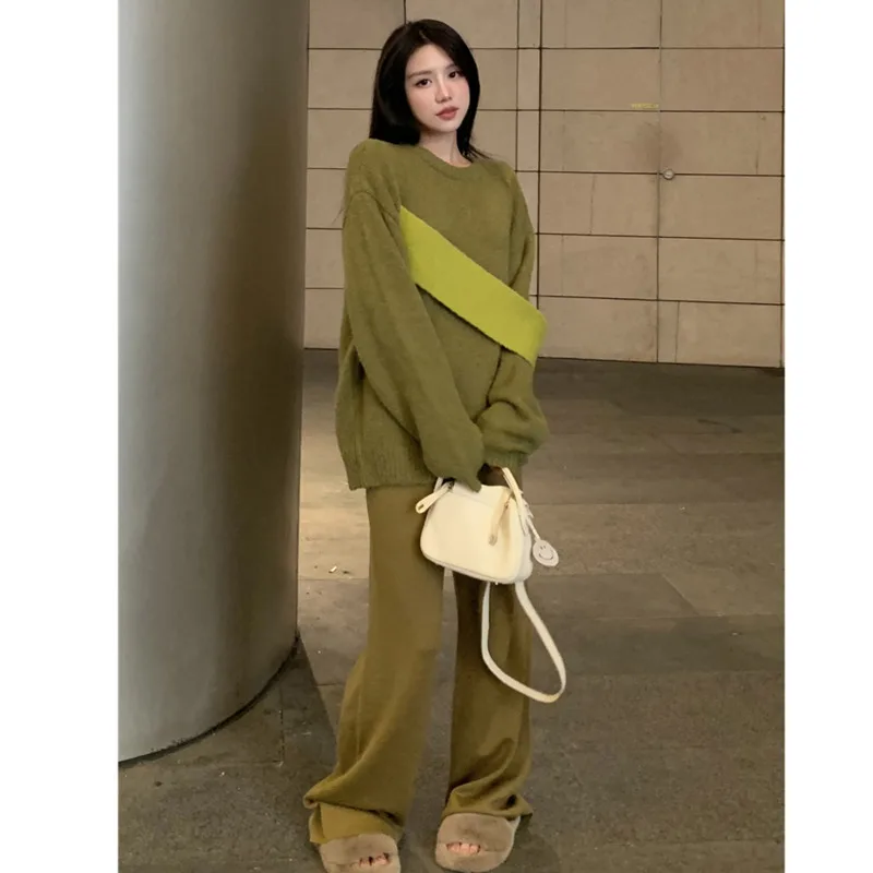Olive Green Color Contrast Lazy Soft Waxy Splicing Shoulder Strap Round Neck Cashmere Sweater New Straight Knitted Pants LO96
Olive Green Color Contrast Lazy Soft Waxy Splicing Shoulder Strap Round Neck Cashmere Sweater New Straight Knitted Pants LO96