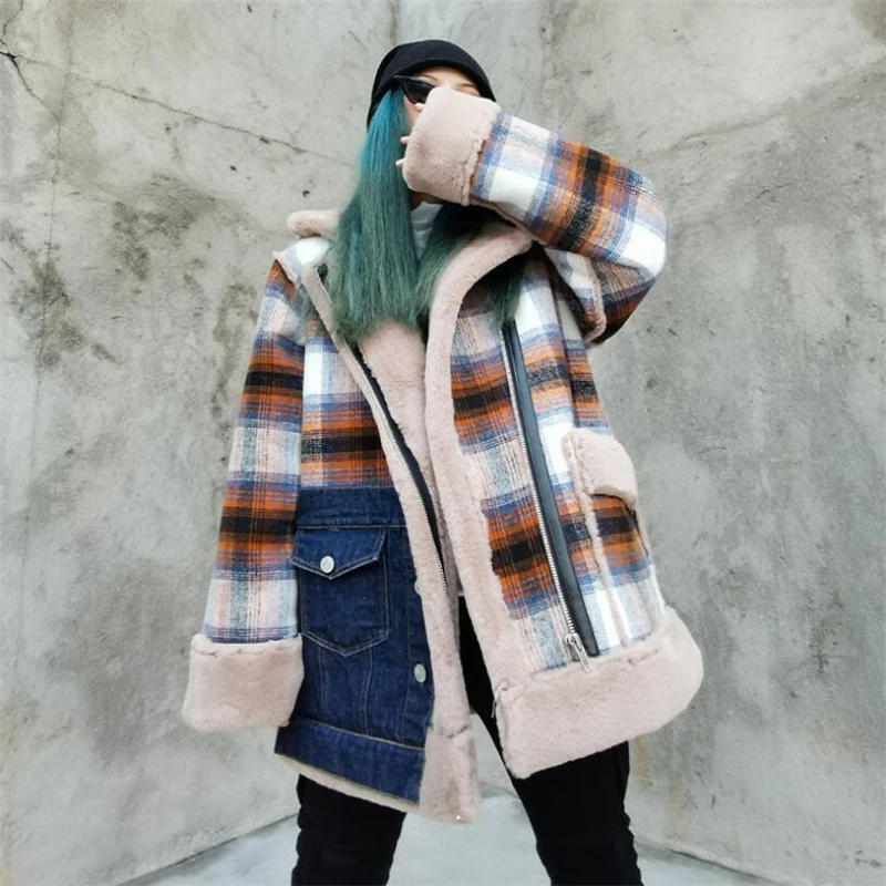 Winter Jacket Women Plaid stitching denim composite plush to keep warm Coat Female Loose Plush Thick Zipper Turndown Outerwear
Winter Jacket Women Plaid stitching denim composite plush to keep warm Coat Female Loose Plush Thick Zipper Turndown Outerwear