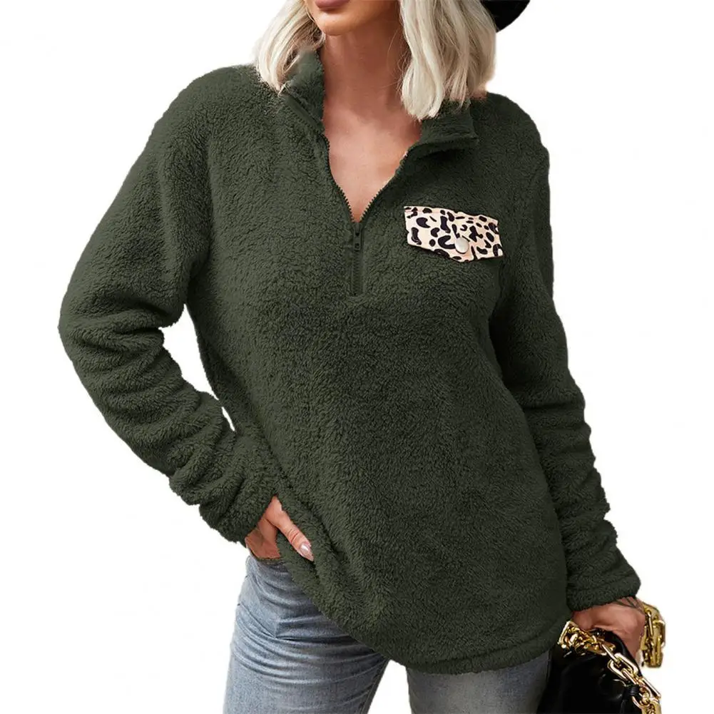 Women Sweatshirt Leopard Flap Fake Pocket Plush Autumn Winter Solid Color Stand Collar Zipper Pullover for Daily Wear
Women Sweatshirt Leopard Flap Fake Pocket Plush Autumn Winter Solid Color Stand Collar Zipper Pullover for Daily Wear