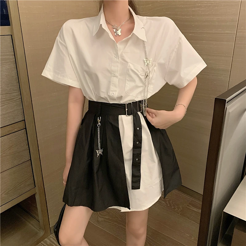 Y2k New Summer High Street Women Blouses gothic Oversized White Shirts + Irregular Pleated Skirts with Butterfly Accessories
Y2k New Summer High Street Women Blouses gothic Oversized White Shirts + Irregular Pleated Skirts with Butterfly Accessories