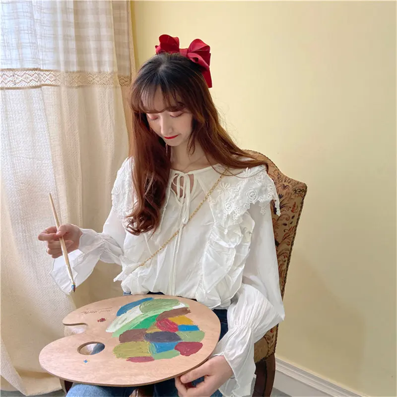 Alien Kitty White Fresh Sweet 2020 Lace Women Flare-sleeved Loose Shirt All-Match Lace-Up Feminine Gentle Office Lady Blouses | Женская