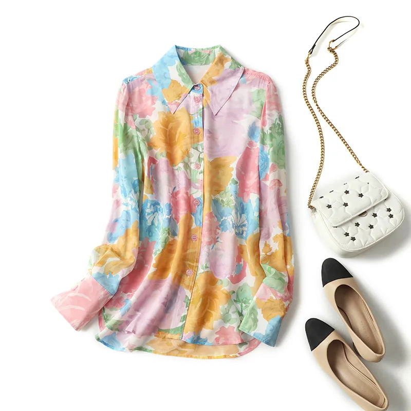 Women Silk Shirt 100% Silk Crepe Lapel Long Sleeved Floral Printed Blouse Shirt 2021 Autumn Office Chic Shirt 
Women Silk Shirt 100% Silk Crepe Lapel Long Sleeved Floral Printed Blouse Shirt 2021 Autumn Office Chic Shirt