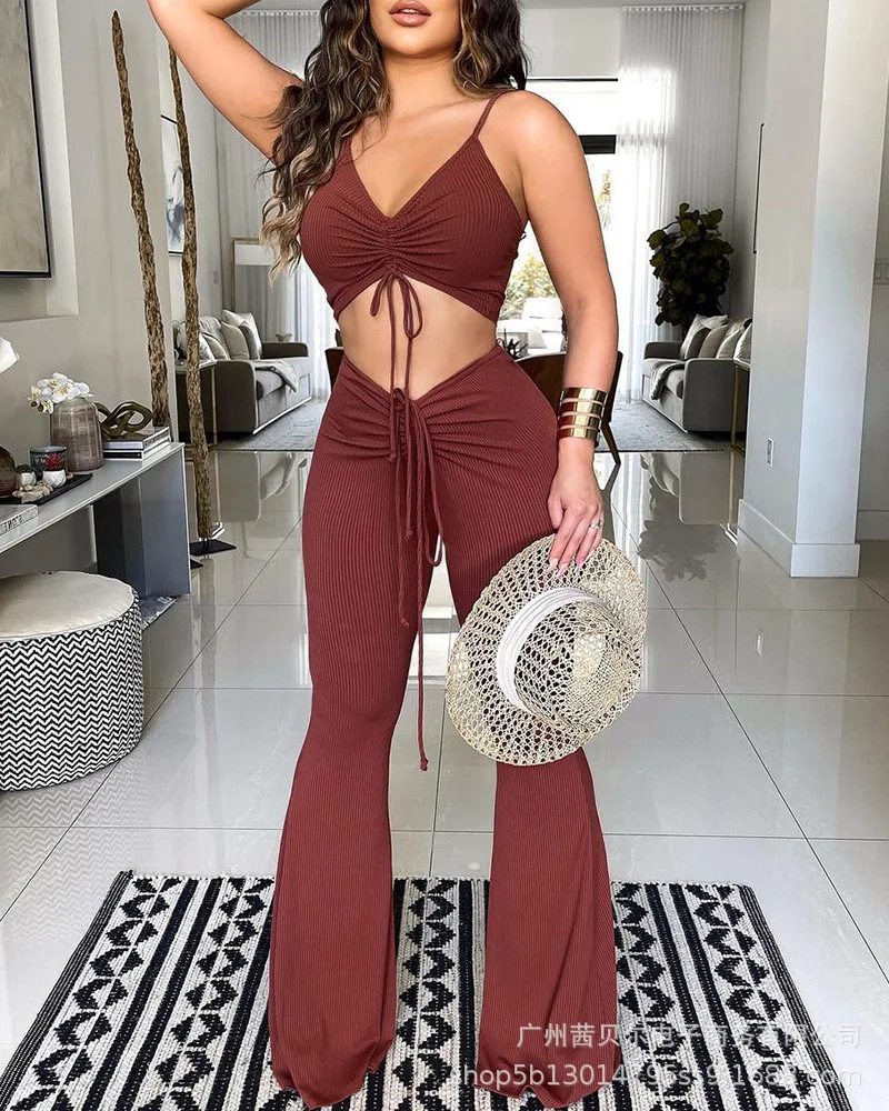 Two Piece Set Women Sexy sling Crop Top drawstring Long Pants Outfits Summer Set Pants Top Matching Set
Two Piece Set Women Sexy sling Crop Top drawstring Long Pants Outfits Summer Set Pants Top Matching Set