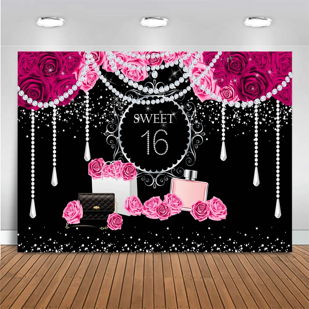 Sweet Sixteen Birthday Background PINK Sweet 16 Party Banner Girl Bling Diamonds Pearls Rose Quinceanera Backdrop for Photograph
Sweet Sixteen Birthday Background PINK Sweet 16 Party Banner Girl Bling Diamonds Pearls Rose Quinceanera Backdrop for Photograph
