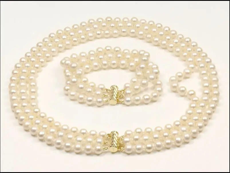 

3 ROW 18" AAA 8-9MM GENUINE WHITE PEARL NECKLACE BRACELET 14K GOLD CLASP