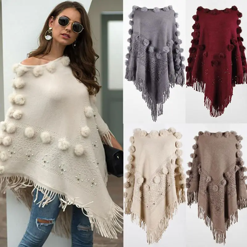 

Women Knitted Pullover Sweater Top Crew Neck Off Shoulder Beading Shawl Wrap Plush Pom Poms Fringe Tassel Poncho Cape