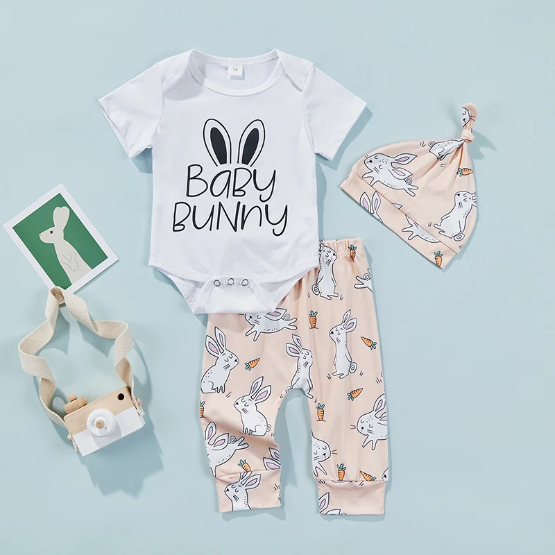 3PCS Baby Girls Summer Clothes Suit Letter Short Sleeve Snaps Romper Bunny Printed Long Pants Knot Beanie Hat Outfits
3PCS Baby Girls Summer Clothes Suit Letter Short Sleeve Snaps Romper Bunny Printed Long Pants Knot Beanie Hat Outfits