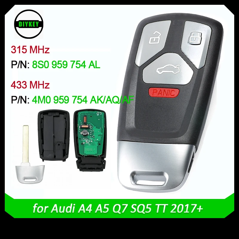 

DIYKEY Smart Remote Key Fob 433MHz 315MHz for Audi A4 A5 Q7 SQ5 TT 2017 2018 2019 4M0 959 754 AK/ AQ/ AF 8S0 959 754 AL
