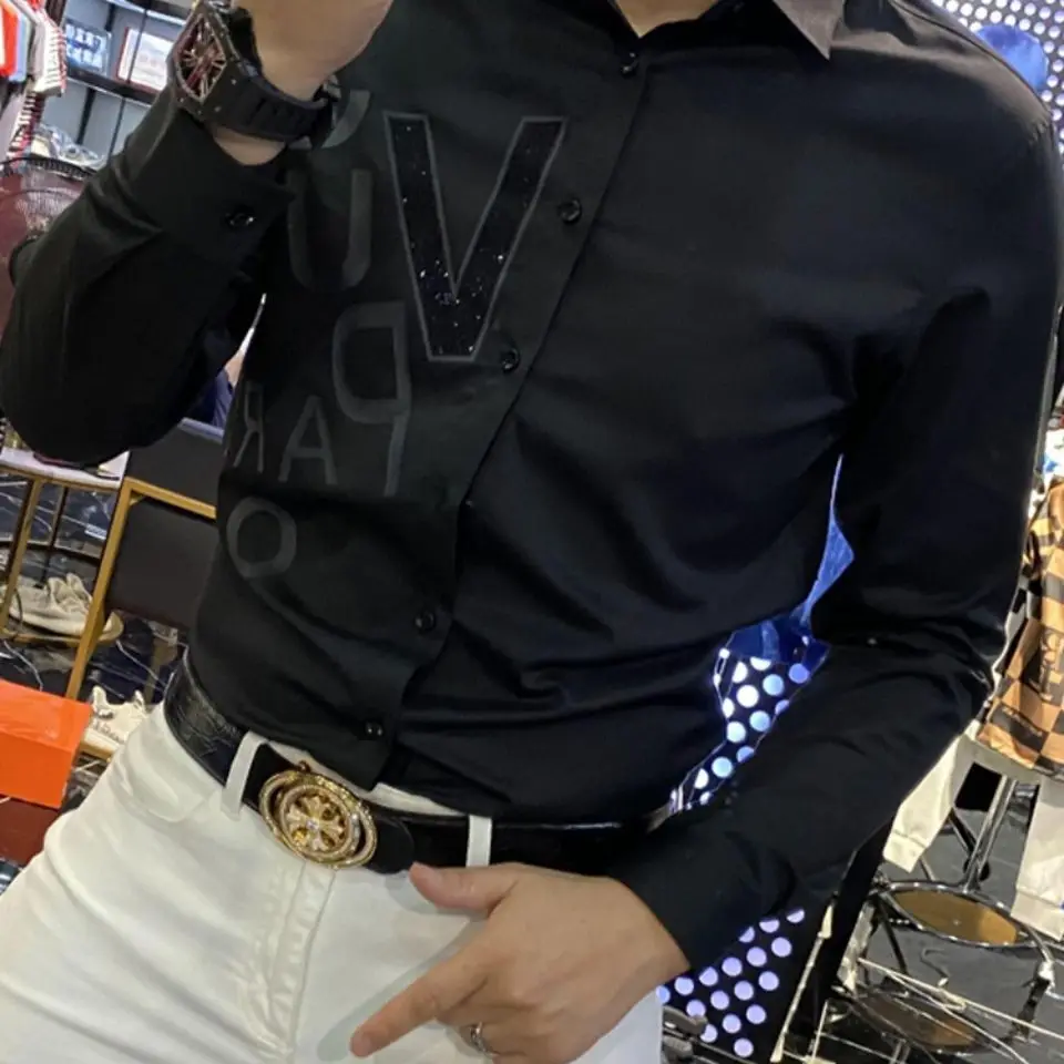 2021 spring new personality trend slim long sleeve lapel handsome slim drill printed shirt men 
2021 spring new personality trend slim long sleeve lapel handsome slim drill printed shirt men