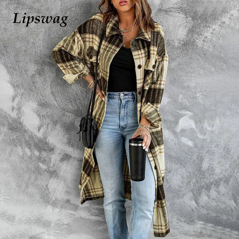 

Elegant Autumn Winter Wool Outerwear Female Vintage Buttoned Turndown Collar Coats Fashion Plaid Printed Long Overcoat For Women