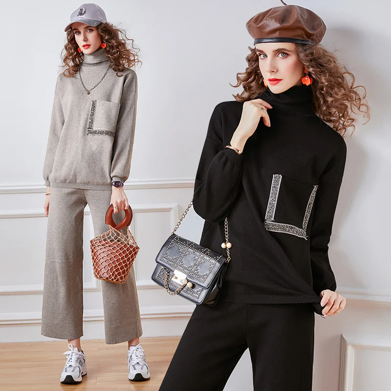 Women Autumn Set Turtleneck Pockets Office Lady Two Piese Set Full Cotton Pullover With Pants Elastic Waist Elegant Knitted Set
Women Autumn Set Turtleneck Pockets Office Lady Two Piese Set Full Cotton Pullover With Pants Elastic Waist Elegant Knitted Set