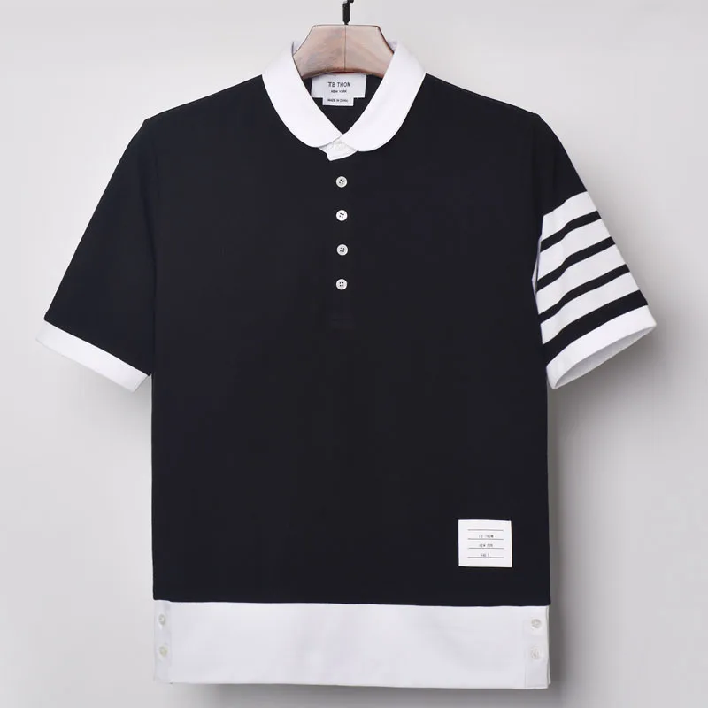 tb thom men's Peter Pan Collar pactchwork summer short sleeve casual tees men 100% cotton design t-shirts for male gray