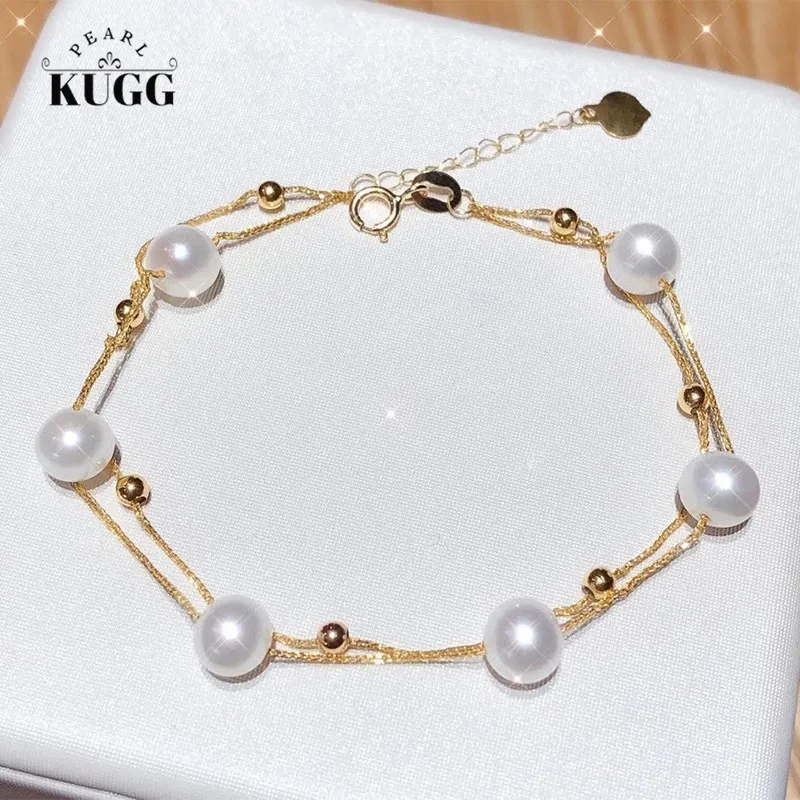 

KUGG PEARL 18k Yellow Gold Pearl Bracelet Fashion Handmade Jewelry 6-7mm AAAA Natural Freshwater White Pearl Bracelets