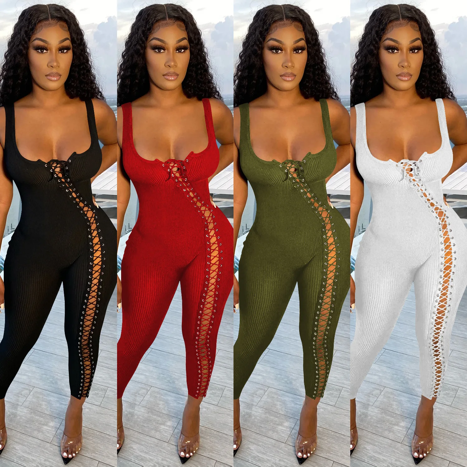 Knitted Rib Sports Solid Jumpsuit Women Sexy Slit Grommet Lace Up Sleeveless Body Rompers Womens Jumpsuit Fitness Streetwear
Knitted Rib Sports Solid Jumpsuit Women Sexy Slit Grommet Lace Up Sleeveless Body Rompers Womens Jumpsuit Fitness Streetwear