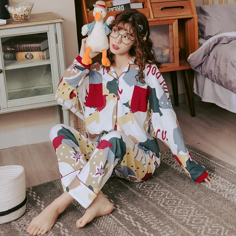 Женский пижамный комплект BZEL осенняя Хлопковая пижама с рисунком фламинго