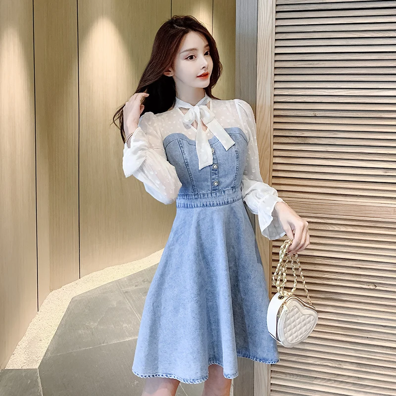 Leiouna Casual Long Sleeve Slim 2021 New Fashion Women's Autumn Denim Splicing Mid-Calf Chiffon Lace Up Bow Spring Ladies Dress
Leiouna Casual Long Sleeve Slim 2021 New Fashion Women's Autumn Denim Splicing Mid-Calf Chiffon Lace Up Bow Spring Ladies Dress