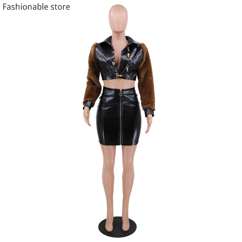 Women Winter Faux Fur Patchwork 2PCS Suit Sexy Long-sleeved PU Leather Jacket and High Waist Zipper Skirt Set Female
Women Winter Faux Fur Patchwork 2PCS Suit Sexy Long-sleeved PU Leather Jacket and High Waist Zipper Skirt Set Female