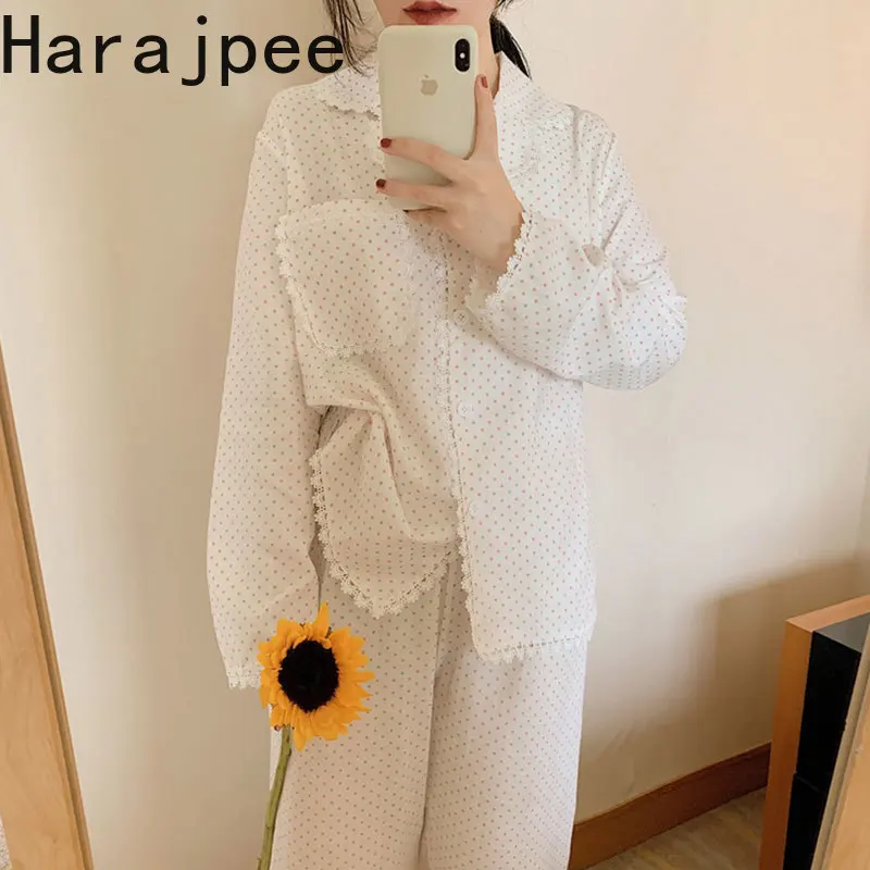 Harajpee Women Pajamas 2021 Spring Autumn Girl French Sweet Temperament Lace Stitching Colored dots Long-Sleeved Home Wear Suit
Harajpee Women Pajamas 2021 Spring Autumn Girl French Sweet Temperament Lace Stitching Colored dots Long-Sleeved Home Wear Suit
