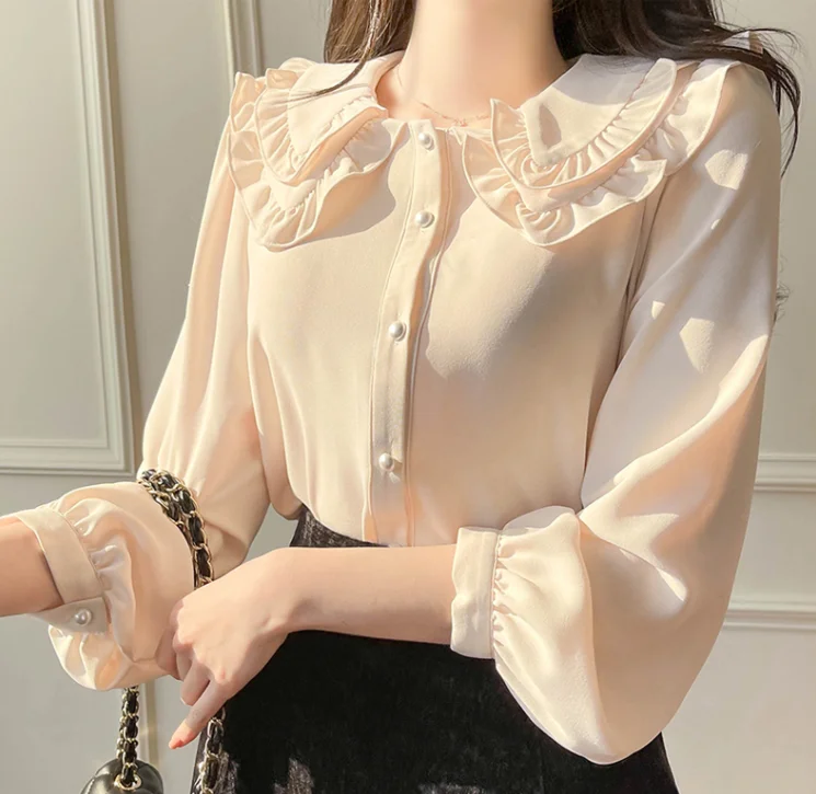 Новая модная шифоновая рубашка с кукольным воротником женские офисные Топы