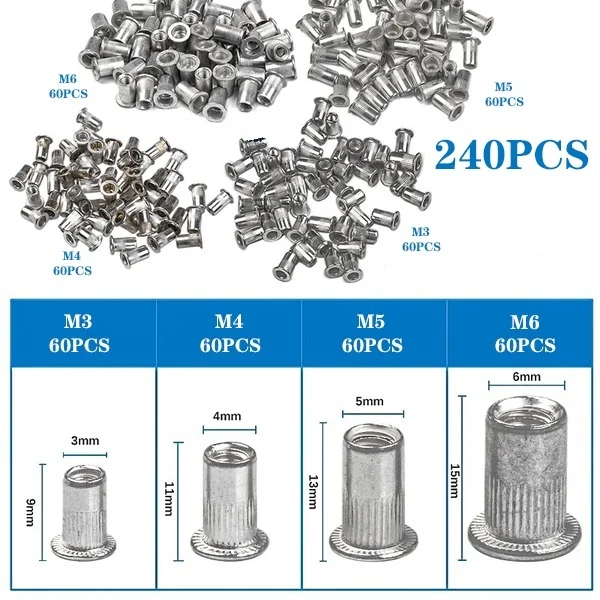 Заклепочная гайка M3/M4/M5/M6, 240 шт., алюминиевая плоская головка, вставка в заклепки с резьбой, заклепочная гайка, набор гаек в ассортименте
Заклепочная гайка M3/M4/M5/M6, 240 шт., алюминиевая плоская головка, вставка в заклепки с резьбой, заклепочная гайка, набор гаек в ассортименте
