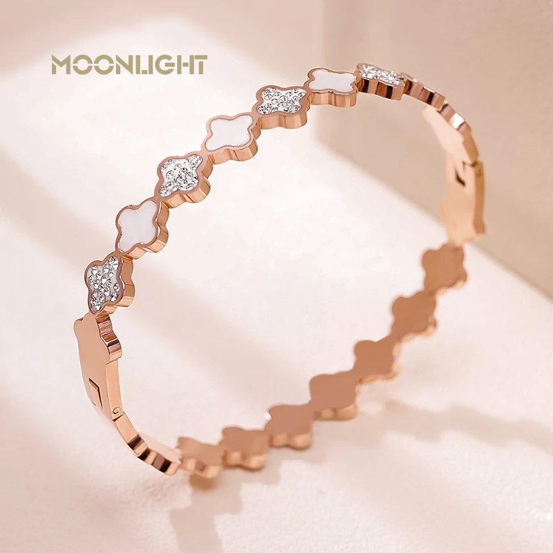 Fashion Rose Gold Color Stainless Steel Four-Leaf Clover Natural Shell Bangle Rhinestone Cuff Bracelet For Women Jewelry Gift
Fashion Rose Gold Color Stainless Steel Four-Leaf Clover Natural Shell Bangle Rhinestone Cuff Bracelet For Women Jewelry Gift