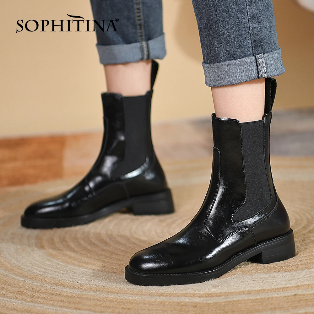 

SOPHITINA Chelsea Boots Mid-calf Woman New Spring/Autumn New High Quality Low Heels Handmade Premium Leather Woman's Boots HO636