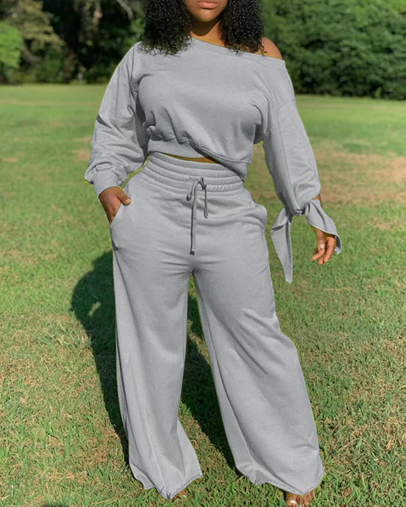 Autumn Women Plain Tied Detail Top & Drawstring Wide Leggings Set 2021 Femme Casual Off Shoulder Overalls Lady Outfits traf
Autumn Women Plain Tied Detail Top & Drawstring Wide Leggings Set 2021 Femme Casual Off Shoulder Overalls Lady Outfits traf
