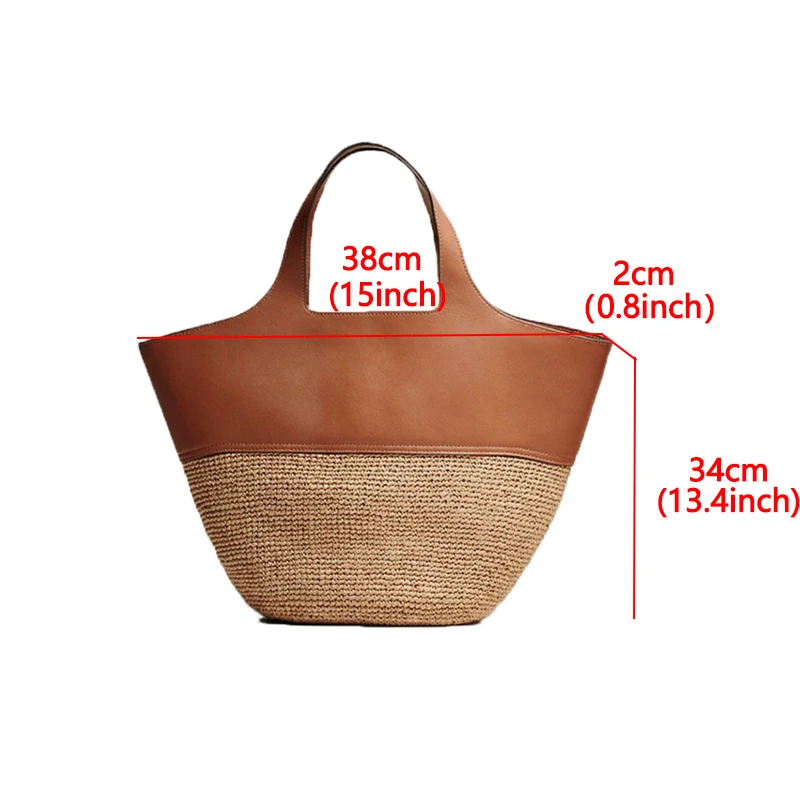 Genuine Leather Splice Straw Woven Women Shoulder Bag Large Capacity Tote Bags For Women Bohemia Beach Straw Shopper Women's Bag
