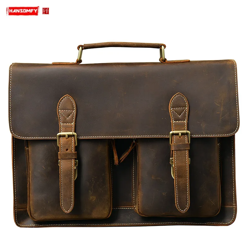 

New Cowhide Leather Business 14" Briefcase Men's handbag crazy horse leather shoulder messenger bag Men laptop schoolbag bags