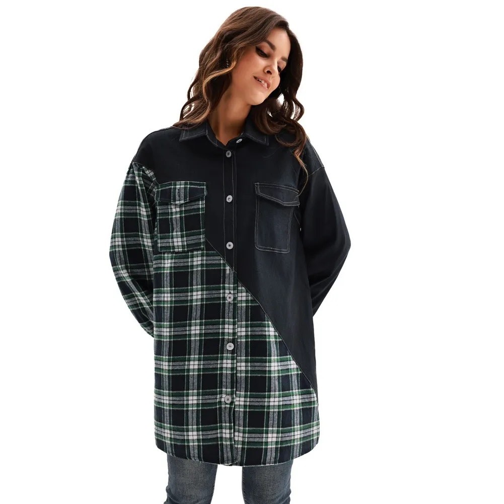 GK Women Contrast Fabric Shirt Jacket Long Sleeve Lapel Collar Button-up Coat Long-sleeved Denim-like Plaid Stitching Jacket
GK Women Contrast Fabric Shirt Jacket Long Sleeve Lapel Collar Button-up Coat Long-sleeved Denim-like Plaid Stitching Jacket