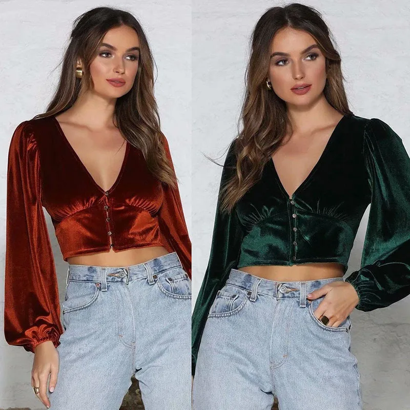 Autumn Women's Hedging V-Neck T-Shirt Solid Color Velvet Vintage Top Short Lantern Sleeve Fashion Tops Buttons Short Shirts
Autumn Women's Hedging V-Neck T-Shirt Solid Color Velvet Vintage Top Short Lantern Sleeve Fashion Tops Buttons Short Shirts