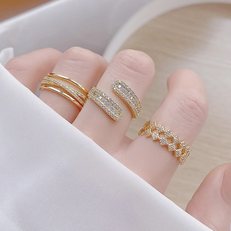 

Модное корейское открытое дизайнерское кольцо из настоящего золота с микро инкрустацией из фианита 14 к для женщин, регулируемое Двухслойно...