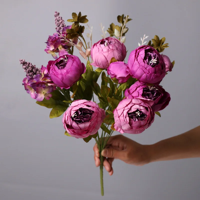 Искусственные шелковые цветы пиона 13 головок винтажный букет искусственные
