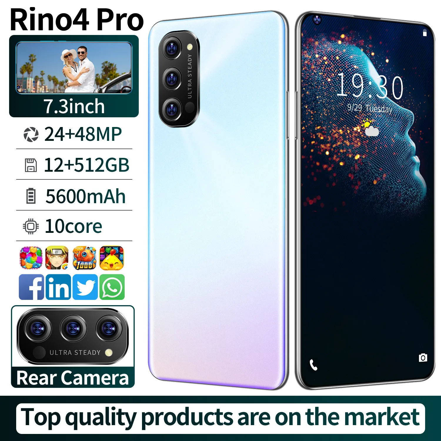 2021 Global Version Rino4 Pro 12G 512G 24+48MP 7.3 Inch Cellphone 2SIM Face Unlocking GPS Positioning 5600mh 5G LTE Smartphones
2021 Global Version Rino4 Pro 12G 512G 24+48MP 7.3 Inch Cellphone 2SIM Face Unlocking GPS Positioning 5600mh 5G LTE Smartphones