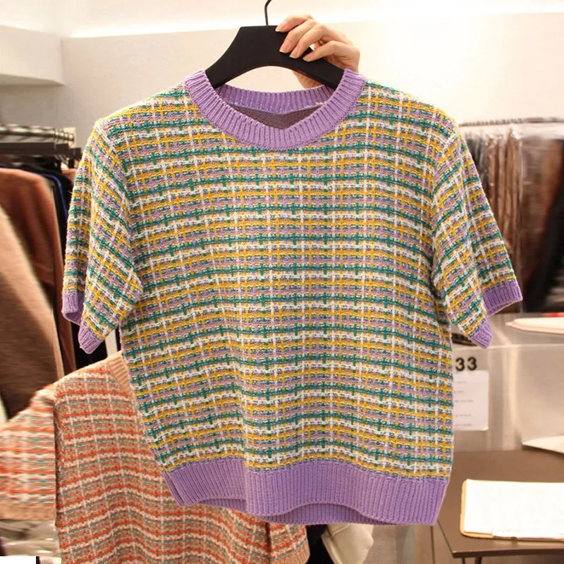 Spring and Summer New Korean Dongdaemun Short round Neck Plaid Contrast Color Knitwear Women's Versatile Pullover Top Bottoming
Spring and Summer New Korean Dongdaemun Short round Neck Plaid Contrast Color Knitwear Women's Versatile Pullover Top Bottoming